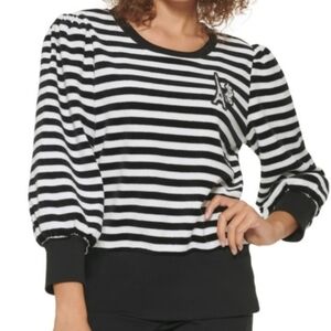 Karl Lagerfeld Womens Black and White Striped Crew Neck Sweater Soft Lar…